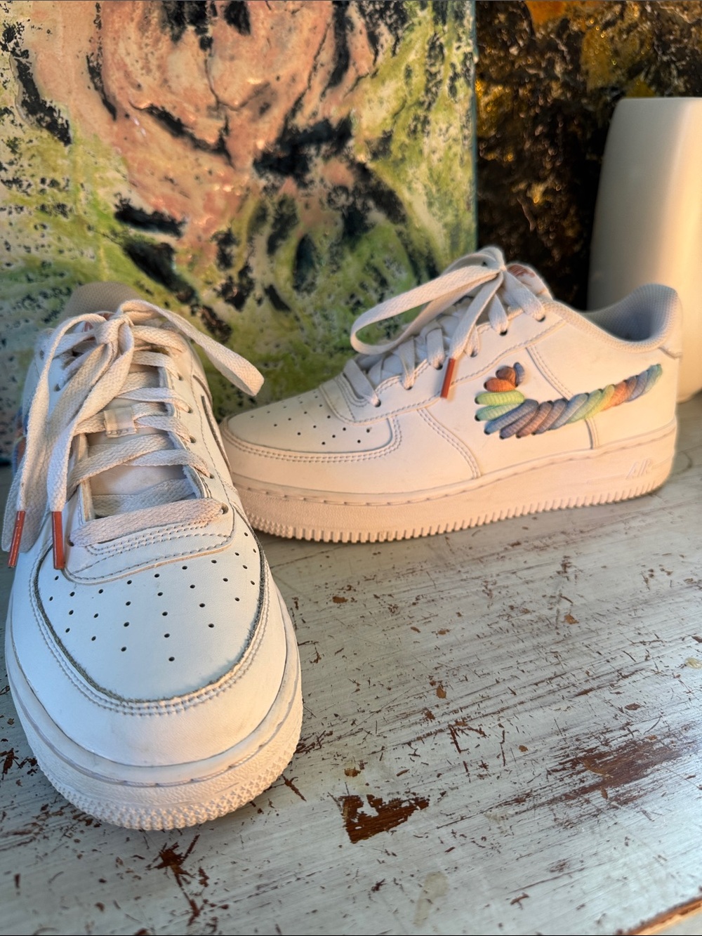 7Y Nike Air Force White Low Sneakers with Rainbow Giant Stitched Swoosh